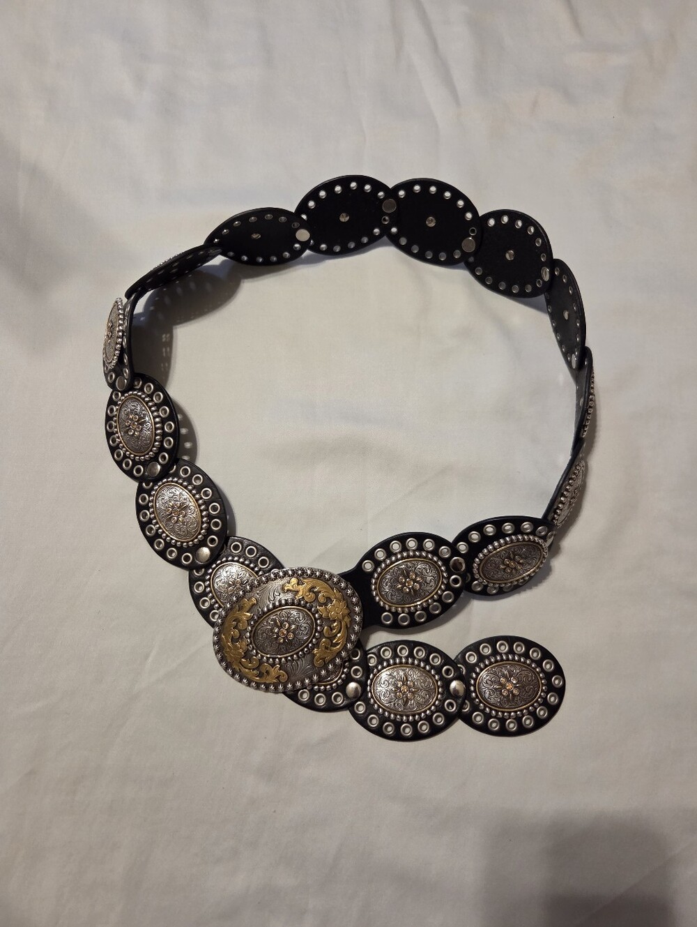 Western Concho Black Leather Belt with Gold & Silver Accents